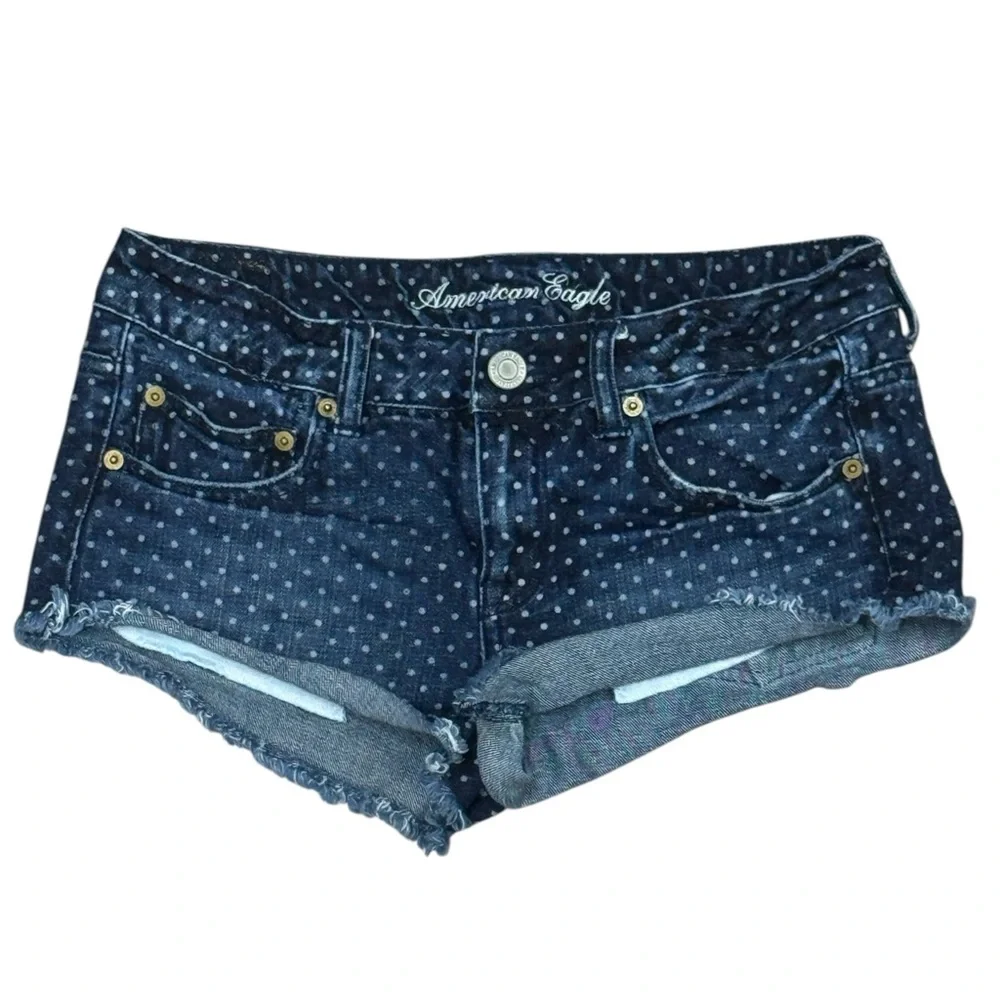 American Eagle Outfitters Low Rise Blue Polka Dot Cut Off Raw Hem Denim Shorts 4